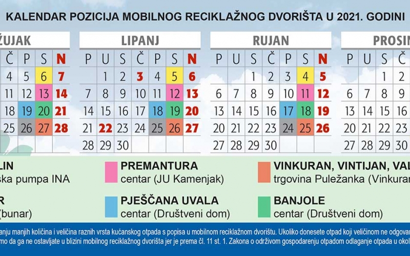 KALENDAR pozicija mobilnog reciklažnog dvorišta u 2021. godini uz UPUTE
