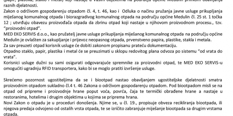 Obavijest pravnim osobama koje obavljaju djelatnost na području općine Medulin