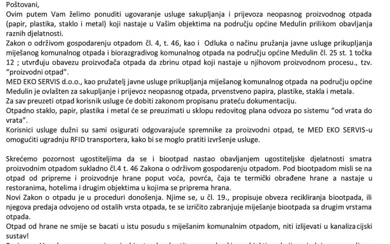 Obavijest pravnim osobama koje obavljaju djelatnost na području općine Medulin