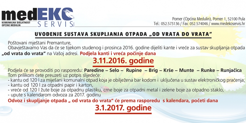 Obavijest mještanima Premanture - uvođenje sustava sakupljanja otpada „Od vrata do vrata“