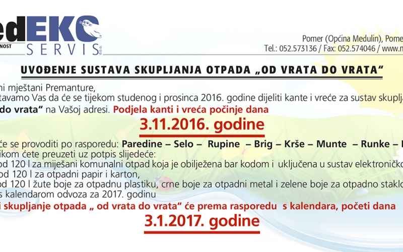 Obavijest mještanima Premanture - uvođenje sustava sakupljanja otpada „Od vrata do vrata“